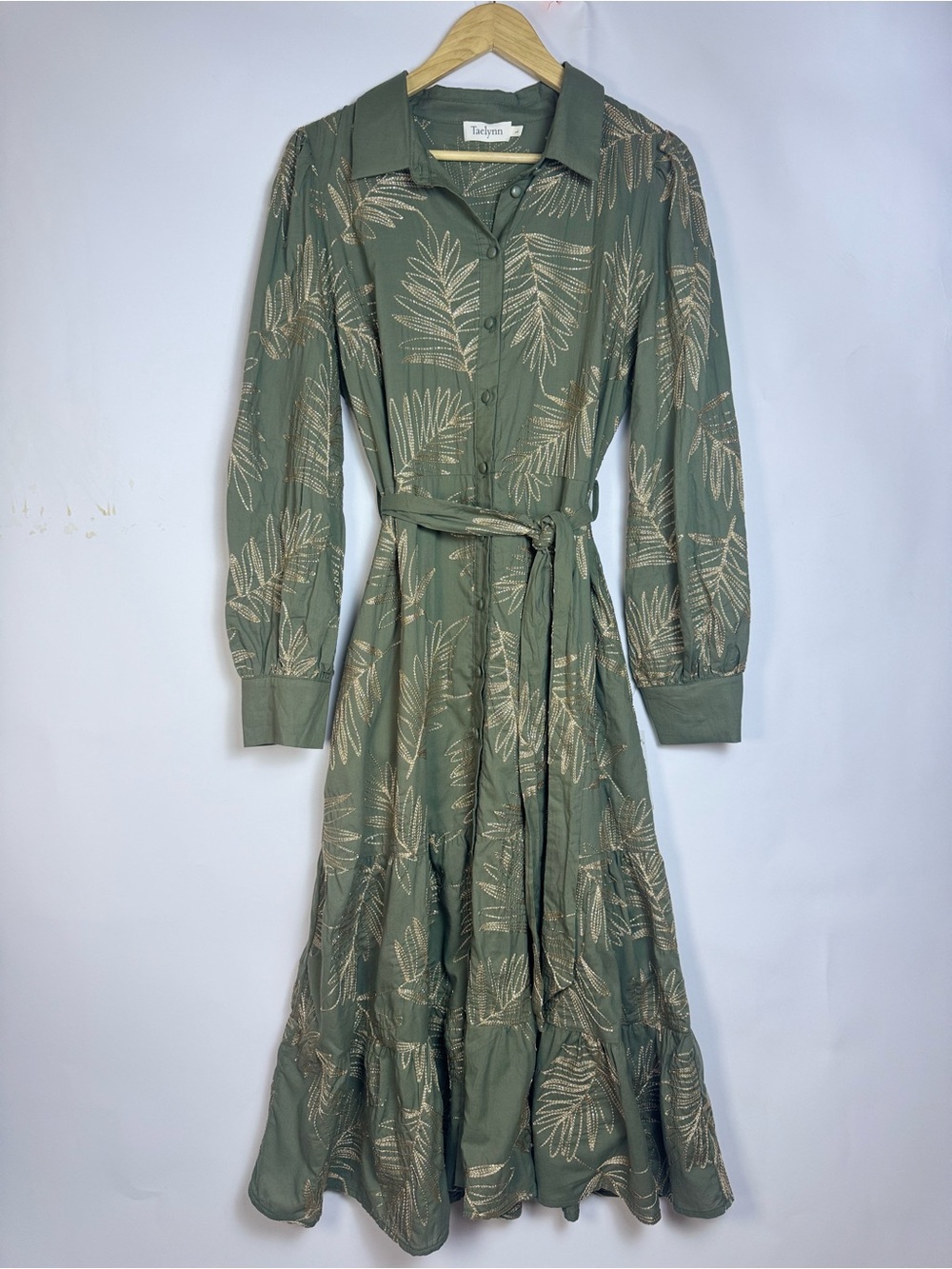 Taelynn Olive Green Embroidered Leaf Tiered Belted Shirt Dress NWT Size Large
